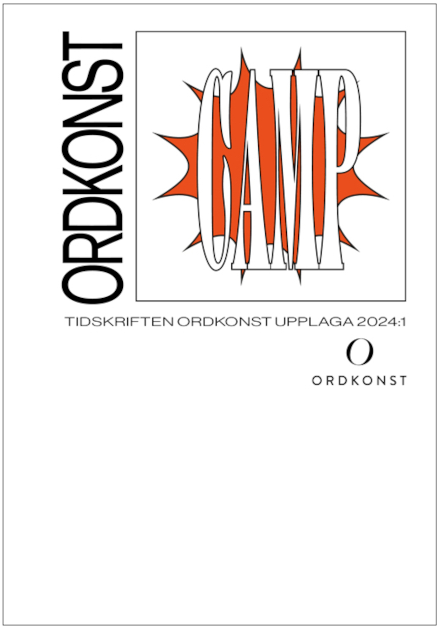 Couverture de la revue Ordkonst consacrée au camp, design blanc sobre avec motif kitsh orange.